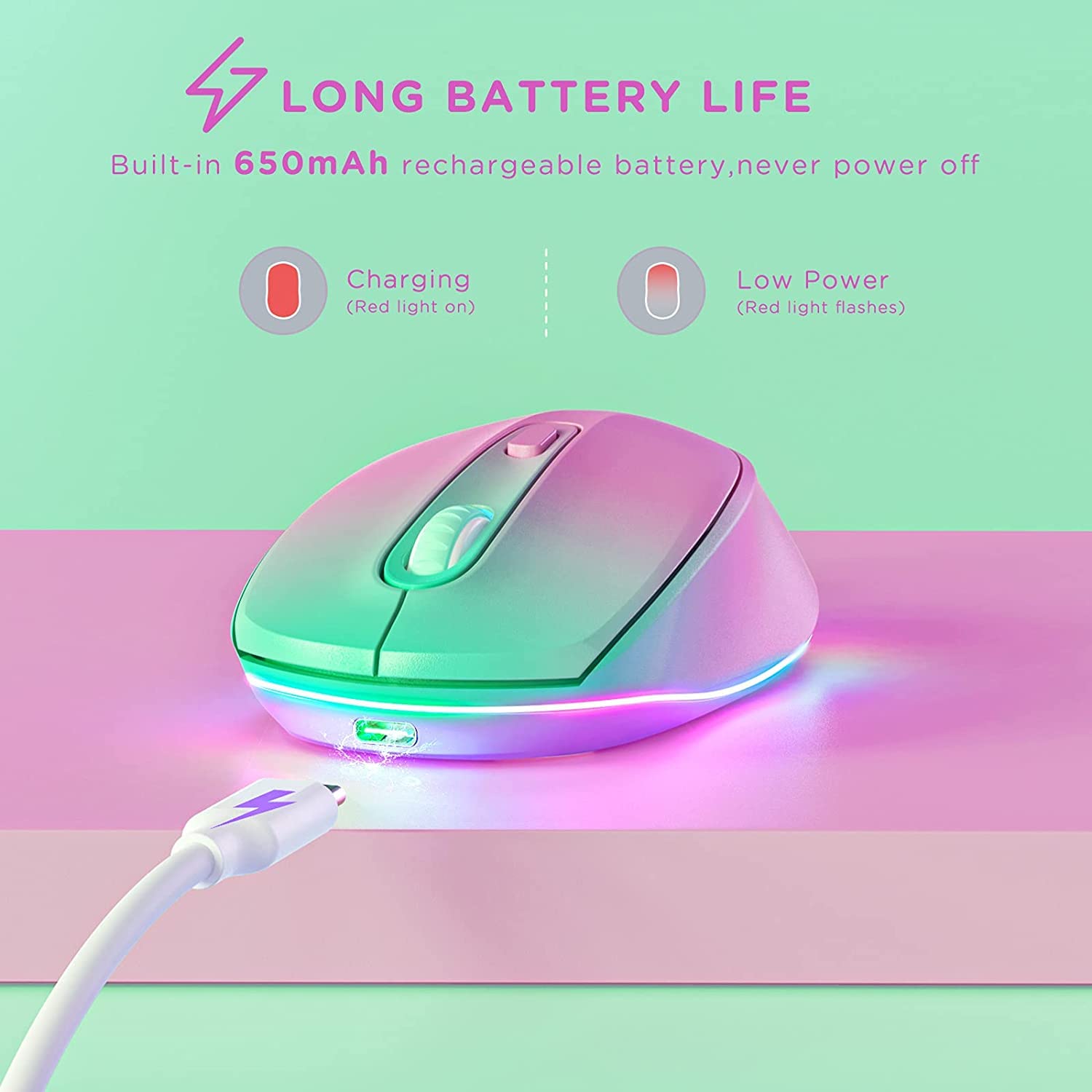 Seenda Wireless Mouse, Rechargeable Light Up Mouse For Laptop, Small Cordless Mice With Quiet Click Led Rainbow Lights For Pc Computer Kids Chromebook Windows Mac, Gradient Purple